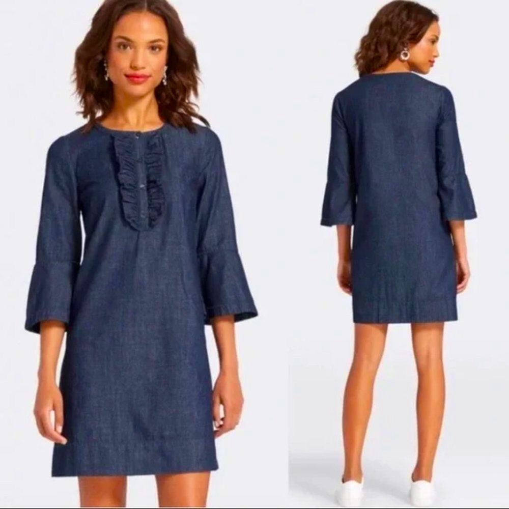 Sz 10 Draper James Chambray Ruffle Shift Dress in Dark Wash - Picture 2 of 16